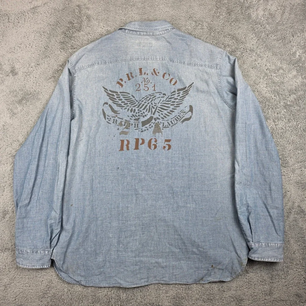 Polo Ralph Lauren Denim Shirt Mens XL Distressed Graphic Eagle Chambray *READ